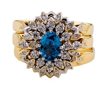 9ct gold Blue Topaz / Diamond set of three Ring size P